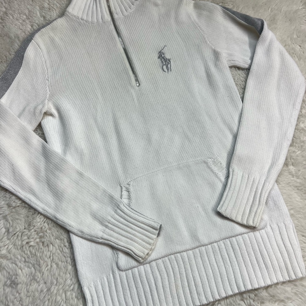 VINTAGE POLO RALPH LAUREN WOMENS XS WHITE COTTON RIBBED 1/4 ZIP SWEATER #471
